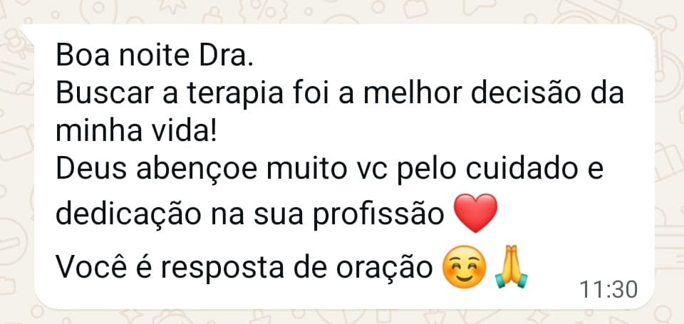 Print de mensagem de WhatsApp de uma cliente dizendo que buscar a terapia foi a melhor decisão da vida dela.
